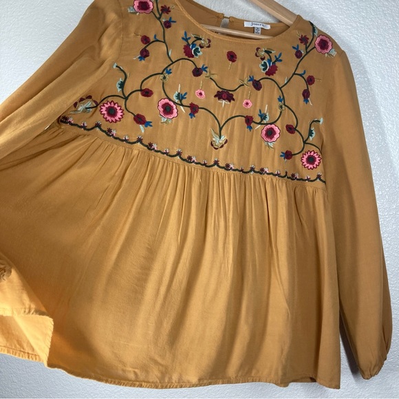 JODFL Boho Floral Embroidered Rayon Top Small Long Sleeves Tan Flowy - Picture 7 of 15
